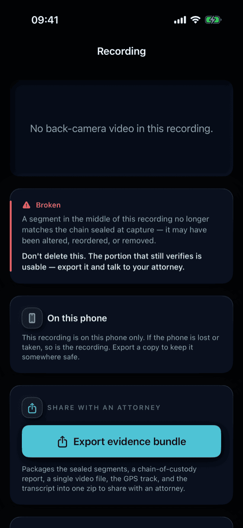 The same detail screen in dark mode, showing the Broken verification result.