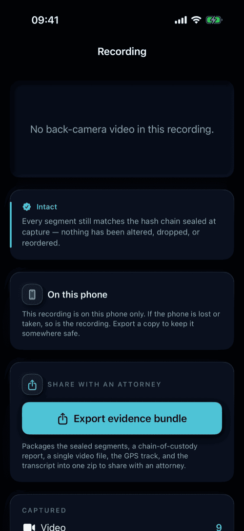 The same incident detail screen in dark mode, showing the Intact verification result.