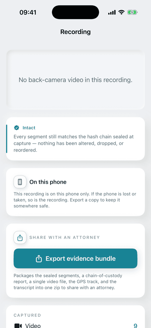 An incident detail screen showing a teal Intact badge with the explanation that every segment still matches the hash chain sealed at capture, a note that the recording is stored on this phone only, and an Export evidence bundle button.