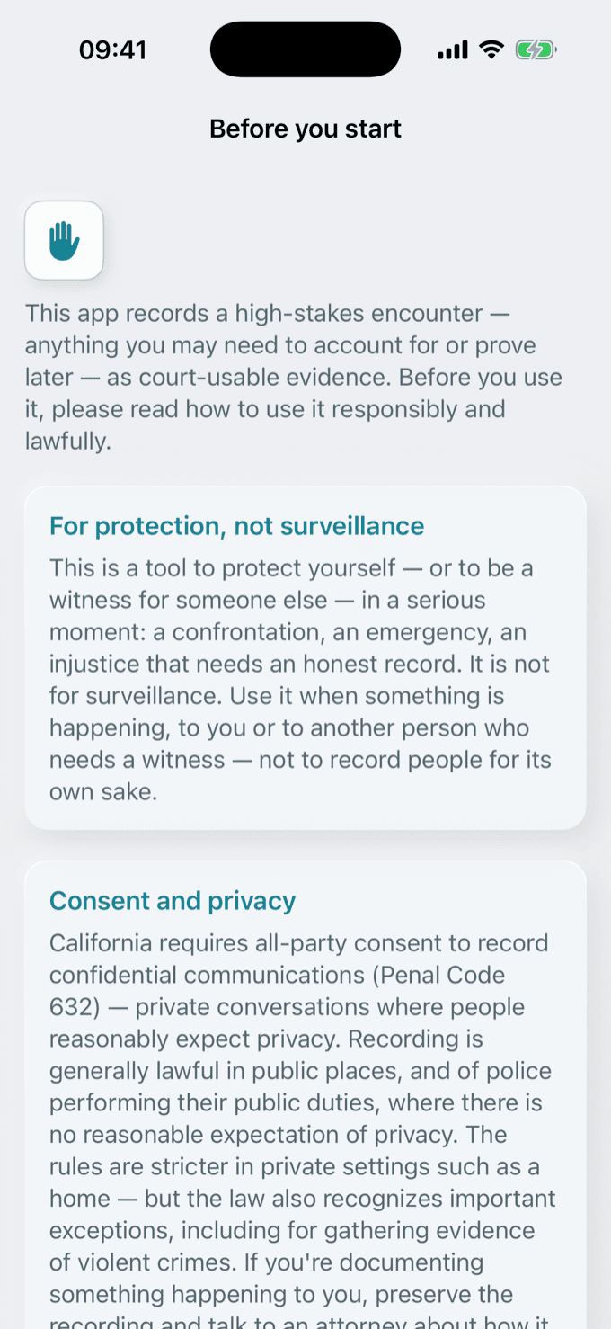 A Before you start screen with two cards: For protection, not surveillance, and Consent and privacy, which cites California Penal Code section 632 on all-party consent and explains the exceptions for public places and for officers performing their duties.