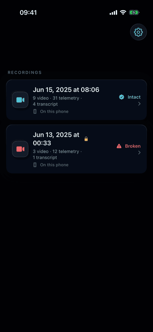 The same list of saved recordings in dark mode.