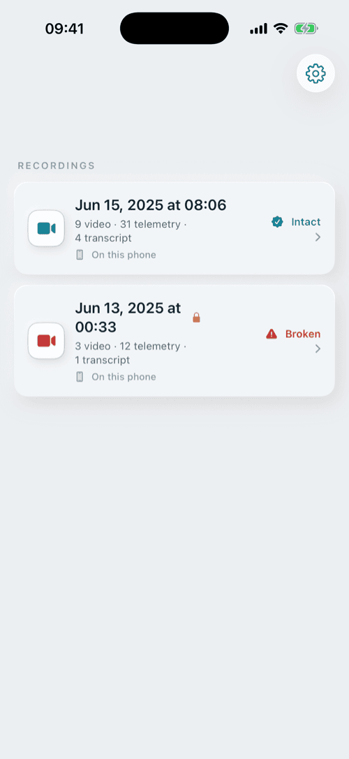 A list of saved recordings. One from June 15 is marked Intact with a teal check; one from June 13 is marked Broken with a red warning triangle and a lock icon. Each row shows its video, telemetry and transcript counts and the note On this phone.