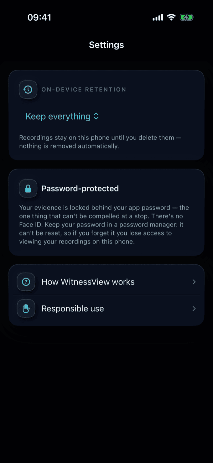 The settings screen in dark mode.